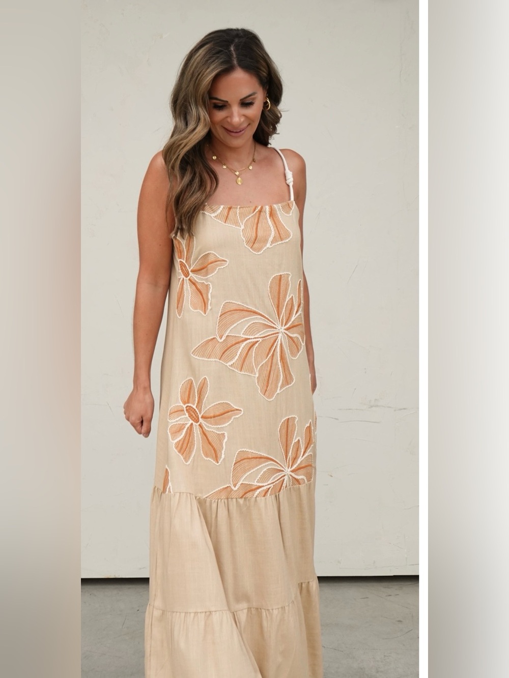 Beige Floral Maxi Dress with Orange Accents Sz M